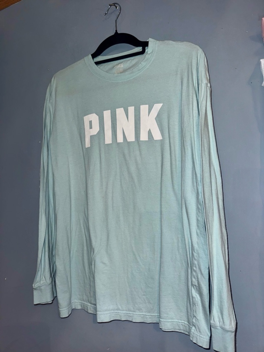 Victoria’s Secret PINK Long Sleeve Tee Light Blue Logo Shirt Small